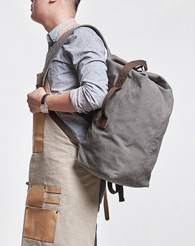 Cool Canvas Leather Mens Bucket Backpack Canvas Travel Bag Canvas Barrel Bag for Men