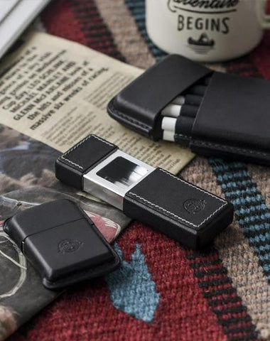 cigarette pocket ashtray Cool Mens Black Leather Portable Ashtray Travel Ashtray Pocket Ashtray  Lighter for Men