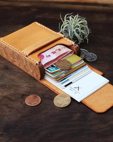 Handmade Wooden Brown Cool Leather Mens Wallet Small Card Holder Coin Wallet for Men