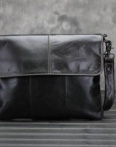 Cool Small Black Leather Mens Messenger Bag Shoulder Bag for Men