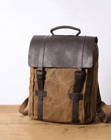 Mens Canvas Leather Backpack Canvas Travel Backpacks Canvas School Backpacks for Men