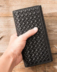 Cool Black Braided Leather Mens Long Wallet Long Wallet for Men