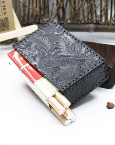 Cool Cigarette Holder Handmade Leather Mens Black Floral Cigarette Holder Cases for Men