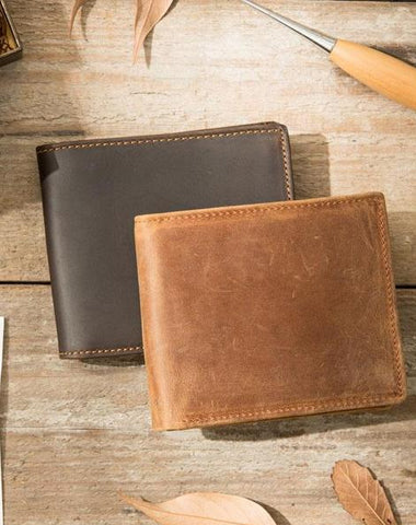Coffee Cool Leather Mens Slim Small Wallet Bifold Vintage billfold Wallet for Men