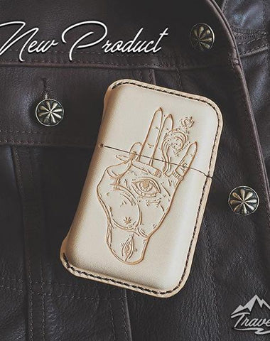 Beige Leather Mens Engraved Eye of God Cigarette Holder Case Vintage Custom Cigarette Case for Men