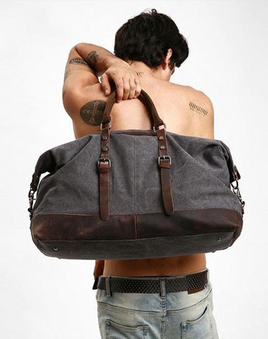 Gray Mens Leather Canvas Large Weekender Bag Canvas Travel Bag for Men