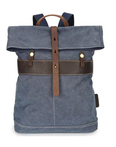 Cool Waxed Canvas Blue Leather Mens Backpack Canvas Travel Backpack Canvas School Backpack for Men