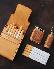 Handmade Wooden Leather Mens Cigarette Case Cool Beige Custom Cigarette Holder for Men