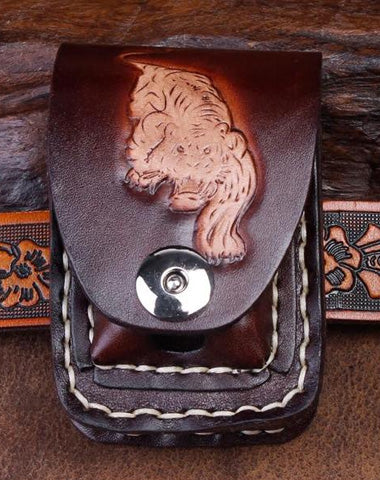 Cool Coffee Leather Mens Engraved Tiger Cigarette Holder Case lighter Holder for Men