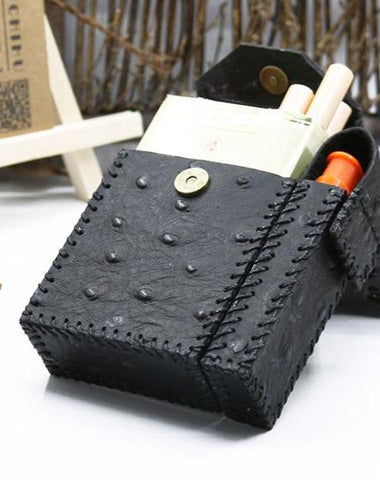 Cool Handmade Leather Mens Black Cigarette Holder Case with Lighter holder for Men