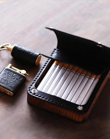 Handmade Wooden Black Leather Mens 20pcs Cigarette Case Cool Custom Cigarette Holder for Men