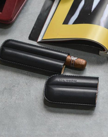 Cool Black Leather Mens 2pcs Cigar Case Cool Custom Leather Cigar Case for Men