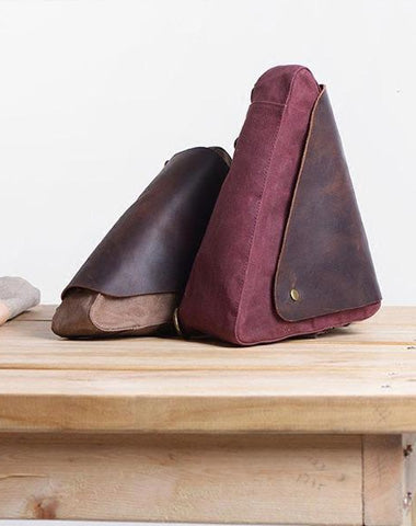 Cool Canvas Leather Triangular Mens Sling Bag Chest Bag One Shoulder Pack for men