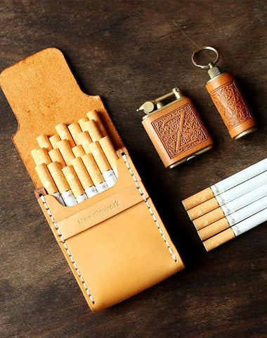 Cool Wooden Beige Leather Mens 20pcs Cigarette Case Custom Cigarette Holder for Men