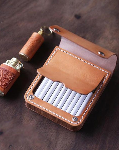 Handmade Wooden Beige Leather Mens 20pcs Cigarette Case Cool Custom Cigarette Holder for Men