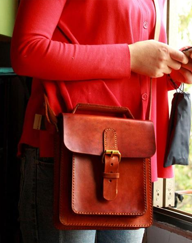 Handmade Vintage Brown Leather Mens School Shoulder Bags Messenger Bag for Men