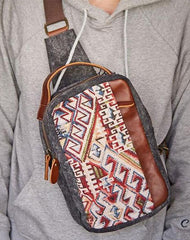 Folk Canvas Leather Mens Sling Bag Chest Bag One Shoulder Pack for men