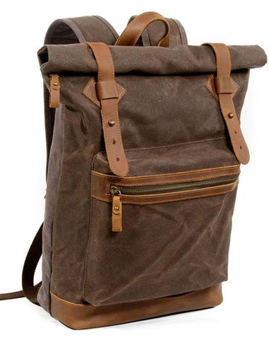 Coffee Waxed Canvas Leather Mens Cool Backpack Canvas Travel Backpack Canvas School Backpack for Men