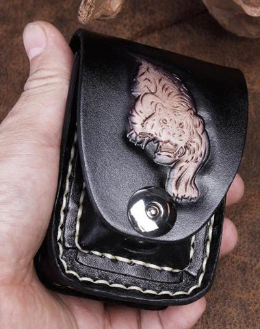 Cool Leather Mens Engraved Tiger Cigarette Holder Cases lighter Holder for Men