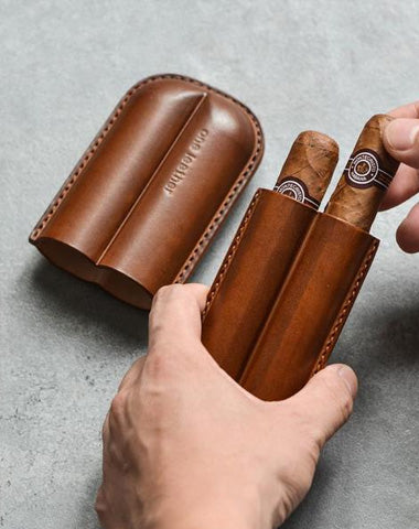 Cool Brown Leather Mens 2pcs Cigar Case Cool Custom Leather Cigar Case for Men