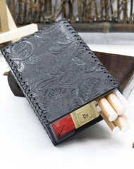 Cool Handmade Leather Mens Floral Engraved Black Cigarette Holder Case for Men