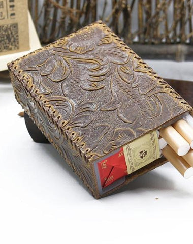 Handmade Leather Cigarette Holder Mens Engraved Floral Cigarette Holder Case for Men
