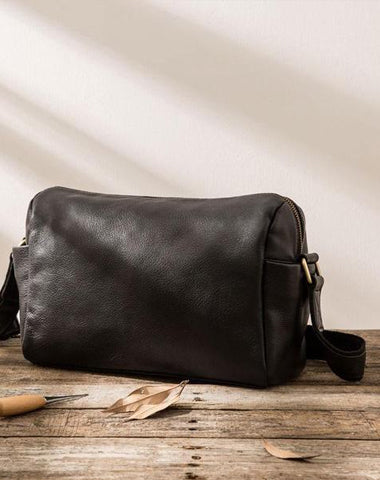 Cool Small Leather Black Mens Messenger Bags Shoulder Bags  for Men
