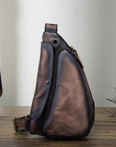 Brown Leather Men's Sling Bag Chest Bag Vintage One shoulder