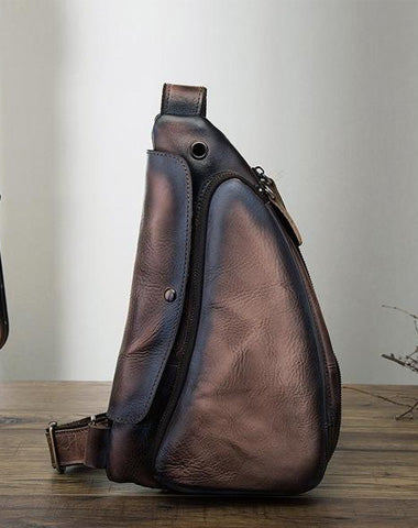 Cool Leather Mens One Shoulder Backpack Sling Bag Chest Bag Sling Backpack for men