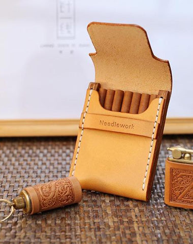 Cool Wooden Beige Leather Mens 7pcs Cigarette Case Custom Cigarette Holder for Men