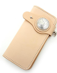 Handmade Beige Long Biker Wallets with Chain Cool Mens Leather Biker Chain Wallets