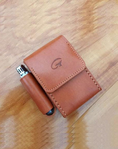 Cool Handmade Brown Leather Mens Cigarette Case with Lighter Holder Belt Loop for Men
