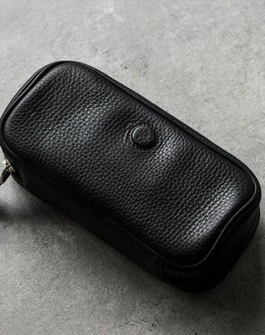 Cool Leather Black Mens Leather 2pcs Tobacco Pipe Case Zipper Tobacco Pipe Case for Men