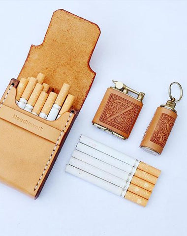 Cool Wooden Leather Mens 20pcs Cigarette Case Custom Beige Cigarette Holder for Men
