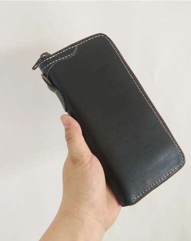 [On Sale] Handmade Mens Long Biker Wallets with Chains Cool Zipper Leather Biker Chain Wallet