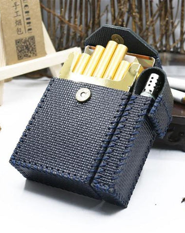 Cool Handmade Leather Mens Dark Blue Cigarette Holder Case with Lighter holder for Men