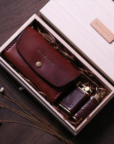 Handmade Wooden Coffee Leather Mens 10pcs Cigarette Case Cool Custom Cigarette Holder for Men