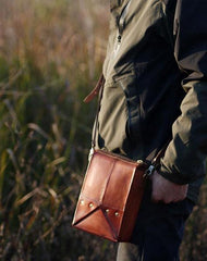 Handmade Vintage Brown Leather Mens Box Bag Shoulder Bag Messenger Bag for Men