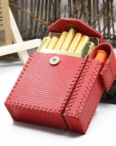 Handmade Leather Womens Red Cigarette Holder Case with Lighter holder for Women