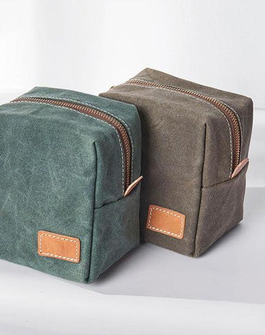 Small Canvas Leather Mens Box Bag Zipper Storage Bag Purse Clutch for Men