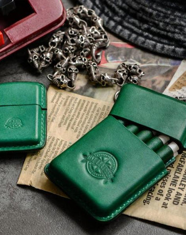 Handmade Green Leather Mens 10pcs Cigarette Holder Case Cool Custom Cigarette Case for Men