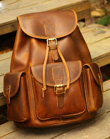 Genuine Leather Mens Cool Backpack Sling Bag Large Black Travel Bag Hiking Bag for men - EverHandmade
