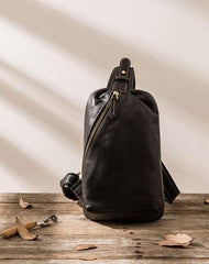 Mens Black Leather Sling Bag Sling Shoulder Bag Sling Backpack for men