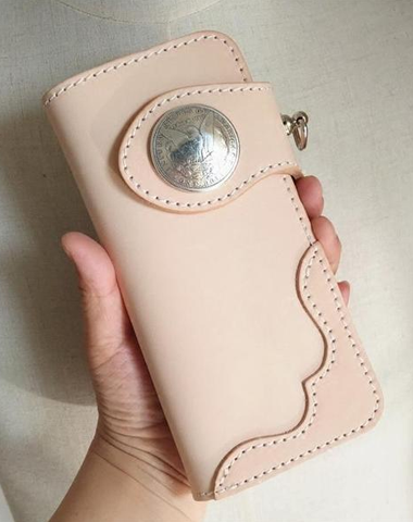 Handmade Beige Long Biker Wallet with Chain Cool Mens Leather Biker Chain Wallet