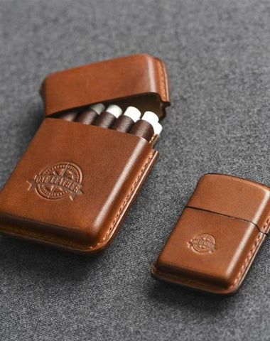 Handmade Brown Leather Cigarette Case Mens Leather Case of Cigarettes Leather Cigarette Holder Case