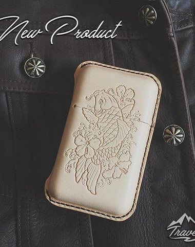 Beige Leather Mens Engraved Carp Cigarette Holder Case Vintage Custom Cigarette Case for Men
