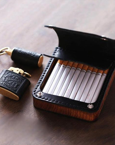 Handmade Wooden Black Leather Mens 20pcs Cigarette Case Cool Custom Cigarette Holder for Men