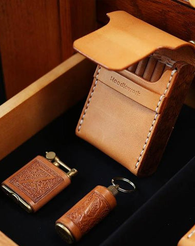 Wooden Beige Leather Mens Cigarette Case Cool Custom Cigarette Holder for Men