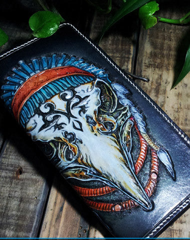 Handmade leather Biker chain wallet Indian Eagle trucker wallet men Tooled wallet - EverHandmade