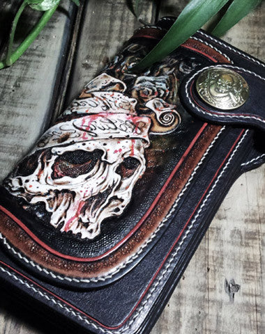 Handmade leather Biker wallet trucker wallet chain wallet long skull wallets leather men Black Tooled wallet - EverHandmade